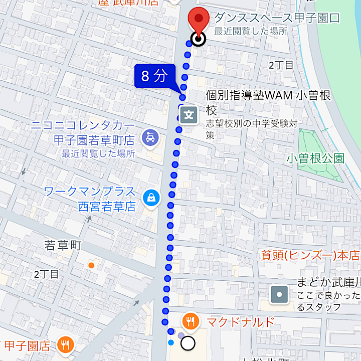 コープこうべ西宮東〜ダンススタジオLA甲子園口校への行き方